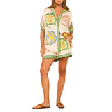 Fongt Women's New Temperament Casual Printed Shirt Short Sleeves Tight Waist Button Shorts Set