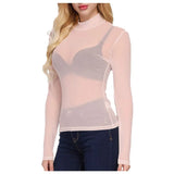 Fongt Elastic Tight Perspective Sexy Mesh Bottom Shirt Transparent Long Sleeve T-Shirt Women's Lace