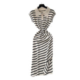 Fongt Chic Summer Dress Niche Retro Polo Collar Short-Sleeved Striped Dress Female Waist Temperament Open Long Dress