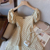Vintage Square Neck Plaid Print Mini Dress Summer 2023 Elegant Puffed SleeveA-line Dresses Patchwork split Vestidos