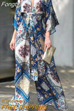 Women Fashion Pattern Print Jumpsuit Elegant V Neck Lace-up Bandage Rompers Ladies Summer Casual Half Sleeve Wide Leg