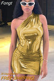 Bodycon Mini Dress Women Pu Leather Sleeveless One Shoulder Party Club Streetwear 2023 Fashion Y2K Elegant Evening