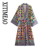 Women Fashion With Belt Printed Open Kimono Dress Vintage Long Sleeve Split Hem Female Dresses Vestidos