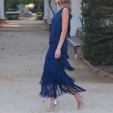 Fongt 2024 New Fashion Solid Color Diagonal Collar Multi-Layer Tassel Splicing Design Dress-Outfit