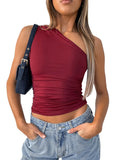 Solid Color One Shoulder Backless Shrink Tank Top T-Shirt Candy Color Tight Sexy Sleeveless Neckless Slim Casaul Top-Outfit