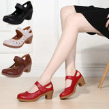 2021 Cut Out Women Pumps Breathable Women Shoes Hook&Loop Thick High Heels Soft Mary Janes Dancing Shoes