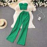 Fongt Strapless Short Top High Waist Casual Loose Wide Leg Pants-Outfit