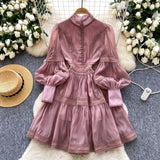 Fongt Court Lantern Sleeve Dress Girl Spring Hook Flower Embroidery Design Famous Light Luxury Royal Sister Temperament Dress