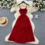 Fongt Tea Break Retro Sling Dress Women's Holiday Wind To Show Thin Folds Design Long Skirt