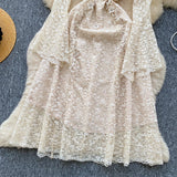 Fongt High-End Heavy Industry Nail Drill Three-Dimensional Flower Square Collar Horn Sleeves To Close The Waist Hollow Lace Dress 20