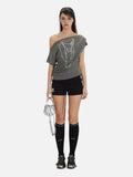 Fongt New Slanted Shoulder Pure Hottie Gray T-Shirt Girl Loose Heavy Metal Decorative Top
