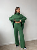 Fongt High-Neck Open Fork Wool Sweater Set Women's Loose Casual Lazy Knitting Trousers Two-Piece
