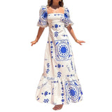 Fongt Women's Temperament Elegant Fashion Printing Lantern Short Sleeve A-Word Dress