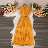 Fongt Sense Of Light Luxury Temperament Flying Sleeve Round Recipient Waist Thin A Word 100-Fold Dress Elegant Swing Long Skirt