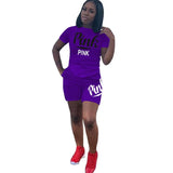 Two Piece Set Women Pink Letter Print Tops + Holes Shorts Tracksuits for Plus Size Women Casual Steetwear 2pcs