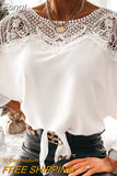 Crochet Embroidery Lace Blouses Women Autumn Sexy Lace Stitching White Shirts Vintage Elegant Ladies Tops Blusas