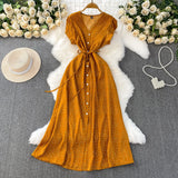 Fongt Red Dot V-Neck Women's Short-Sleeved Dress Summer Single Buckle Tie With Thin A-Word Mid-Long Dress