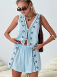 Fashion Embroidery V-Neck Cotton Shorts Set 2025 New