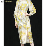 Han Queen Autumn Dresses Women Puff Sleeve Beads Vintage Dresses Office Sheath Pencil Dress Mid-Calf Printing Bodycon