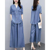 Fongt Cowboy Broad Leg Pants Set Summer Large Size Cover Thin Mother Casual Loose Ocean To Lose Age Thin Two
