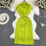 Fongt Summer French Retro Temperament Polo Collar Loose Belt A-Word Knitted Dress Casual Dress