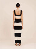 Fongt East New Women's Black And White Knitted Striped Long Suit Vest With Sweater Skirt