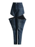 Fongt 2024 New Fashion Temperament High Waist Design Sense Hollow Out Old Jeans Women's Show High Thin Trousers-Outfit