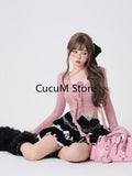 Autumn Kawaii Lolita Clothing Suit Woman Casual Crop Tops + Slim Black Mini Skirt Lace Cake Skirt Japanese Fashion Set-Outfit