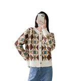 Impact Color Diamond Plaid Knitted Cardigan Women's Fashionable Sweater Round Collar Autumn And Winter Style Coat Bubble Long-Sleeved Blouse-Outfit