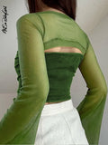 Top Long Sleeve T Shirt 2 Piece Crop Top Women Y2K Clothes Autumn Spring 2023 Solid Square Neck Streetwear Green