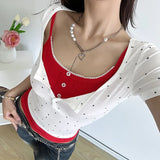 Spice Girl Wave Point Impact Color Two Sets Of Tight Impact Color Lace Suspenders Small Vest Half-Button Short-Sleeved Knitted Blouse-Outfit