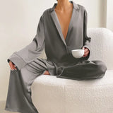 European and American women's home clothes long-sleeved suit imitation silk shirt thin trousers two-piece pajamas women-Outfit