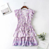 Fongt Cotton Purple Print Short-Sleeved Leaf Sleeve Dress 9982