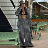 Fongt New Women's Spring Premium Long Sleeve Loose Shirt Trousers Two-Piece Satin Print Suit-Outfit