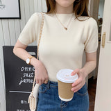 Summer Knitted Thin Sweater Pullovers Korean Half Sleeve Turtleneck Sweater for Women Slim Jumper Tops Office Lady-Outfit