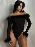 Feather Top Long Sleeve T Shirt Women Off Shoulder Body Spring Fall Outfits Bodycon Solid Streetwear Black