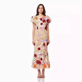 Fongt 2025 New Light Luxury Collar Embroidered Three-Dimensional Flower Bubble Sleeve Long Dress Bag Hip