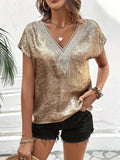Fongt Lace V-Neck T-Shirt With Vertebry Loose Short-Sleeved Topess Commuting Style Women's Clothing