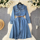 Fongt Water Wash Denim Dress Women's Autumn New High-End Thin Temperament Waist Single Buckle Long Skirt
