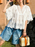 Fongt Embroidery Art White Top Women's Sleeves Holiday Blouse Women's Niche Design Women's Shirt