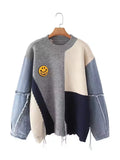 Fongt And Winter Cowboy Sleeve Splicing Bumpy Smiley Face Loose-Fitting Sweater Round Collar Knitted Bottoming Shirt Woman