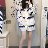 Fongt Wave Color Stripe Knit Cardigan Female Medium Long Jacket Coat Autumn 2024 New Style Lazy Wind-Outfit