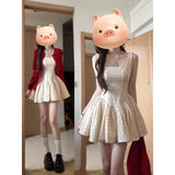 Fongt Lazy Temperament Red Knitted Cardigan French Wave Dot Square Slings To Collect Waist Thin A Word Skirt