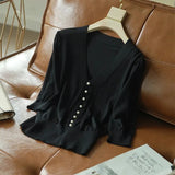 Pearl Button Knit Tops Women Candy Color V-neck Summer Tshirts V-neck Half Sleeve Tee Slim Knitwear Jumper Casual