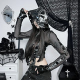 Summer New Personality Trend Blouse Women's Dark Wind Leather Printed Mesh Hoodie Blouse-Outfit