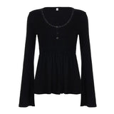 Fongt Lust Wind Base Solid Color V-Neck Lace Lace Bottom Long-Sleeved Girl Feel Perfect Waist Top