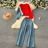 Fongt Denim Set Female Retro Casual Color Long-Sleeved Sweater Denim Spliced Broad Leg Pants Two Sets