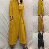 New Women Oversized Jumpsuit Female Loose Baggy Long Romper Simple Pockets Overalls Casual Solid Stand Collar Jumpsuits-Outfit
