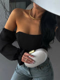 Fongt Sexy Hottie Body Fish Bone Bra Splicing Bubble Sleeve Niche Design Long-Sleeved Corset