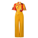 Fongt New Summer Printing Long-Sleeved Shirt Top Broad Leg Pants Fashion Set Two Sets